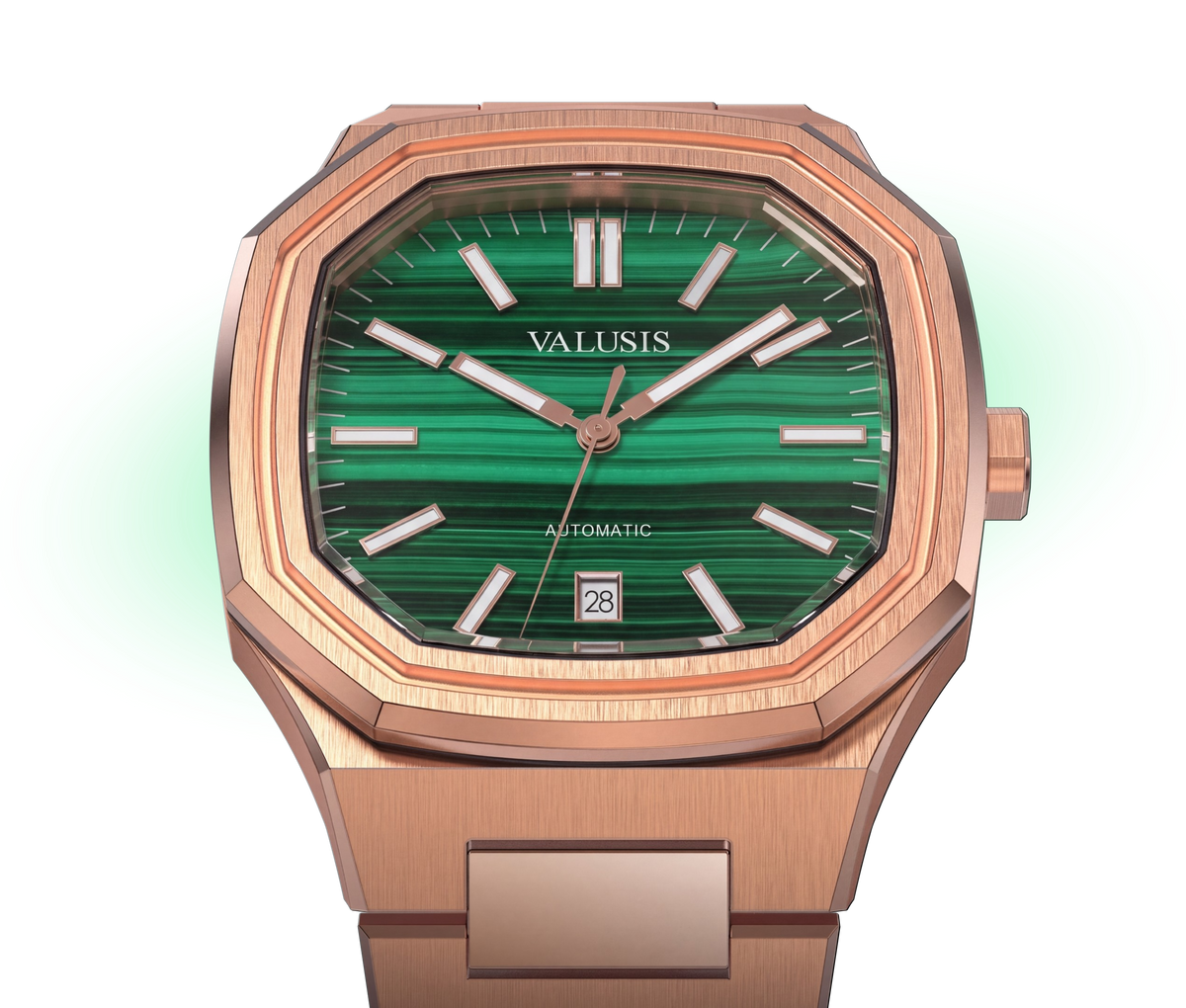 VALUSIS watch close-up with green malachite dial