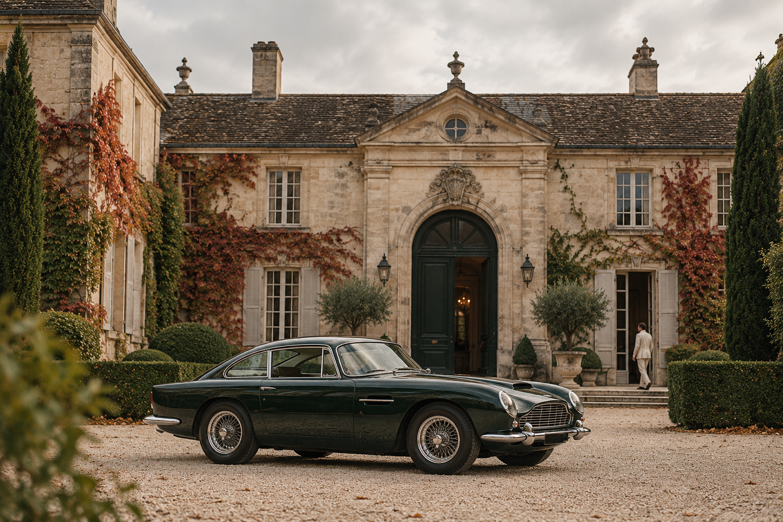 A forest-green grand touring car outside a stone country house