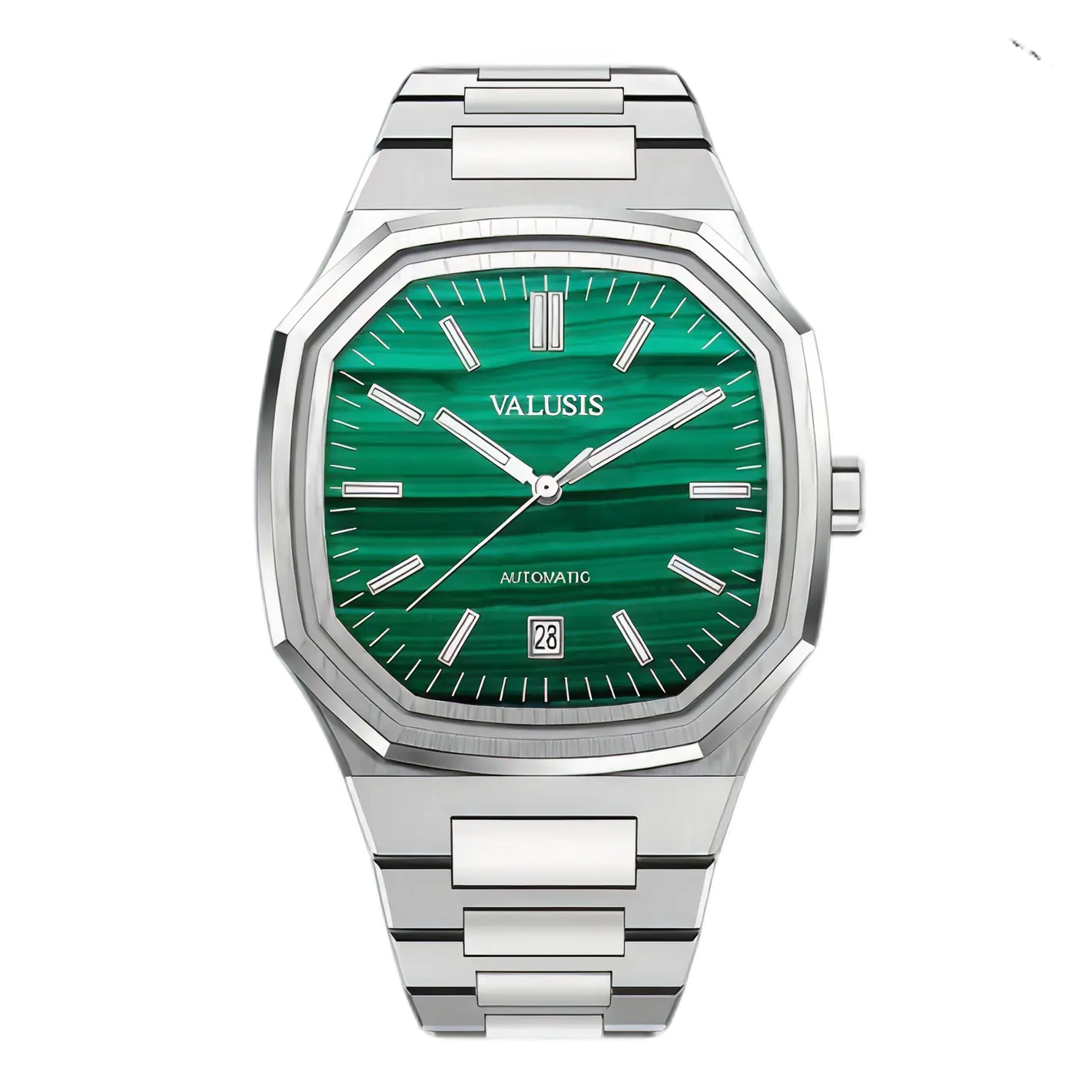VALUSIS watch close-up with green malachite dial